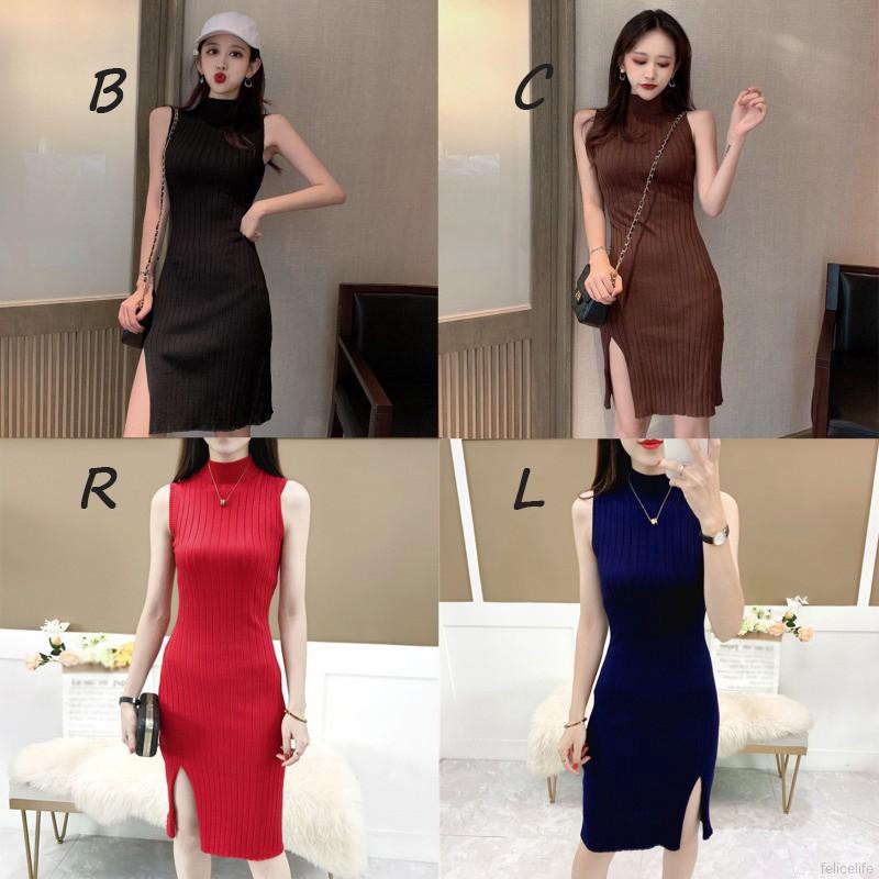 Round Neck Knit Women Slit Dress Novel Chic Solid Color Sleeveless Knee-length | WebRaoVat - webraovat.net.vn