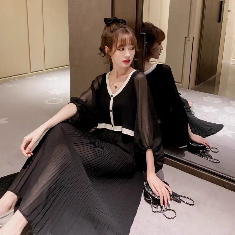 Áo croptop nữ len tăm phối tay voan dài bánh bèo cổ chữ V Áo sơ mi tay bồng phong cách mới karryshop