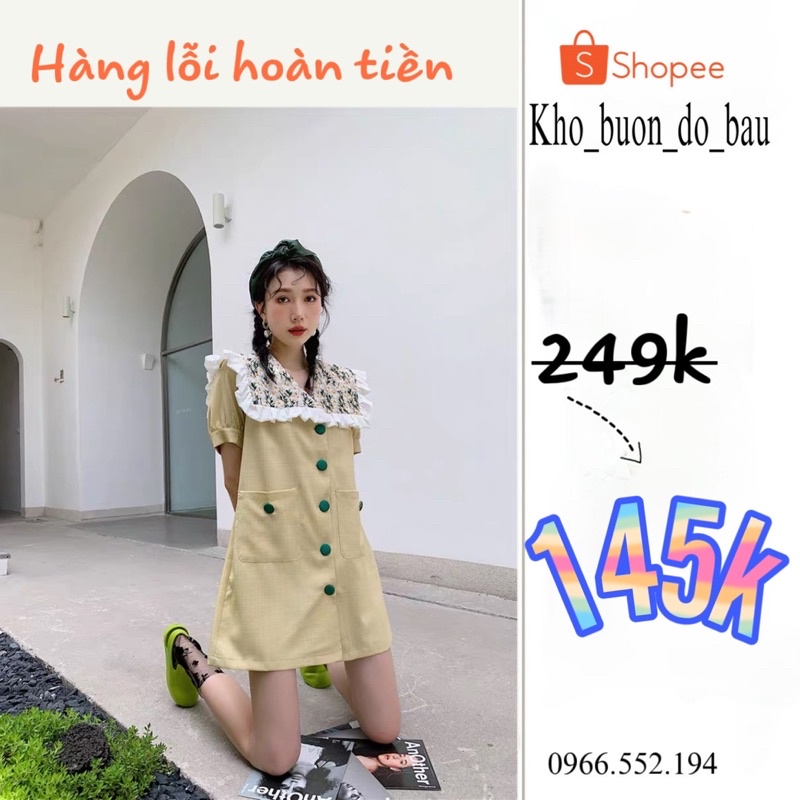 Váy suông cổ bèo hoa nhí tay phồng gài nút vải siêu đẹp( hình thật)