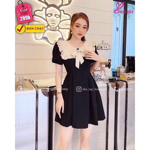 Đầm tiểu thư xinh cổ bèo cột nơ, đầm đen tay ngắn dáng xòe vintage, đầm thiết kế dự tiệc, dạo phố hiện đại, sang trọng