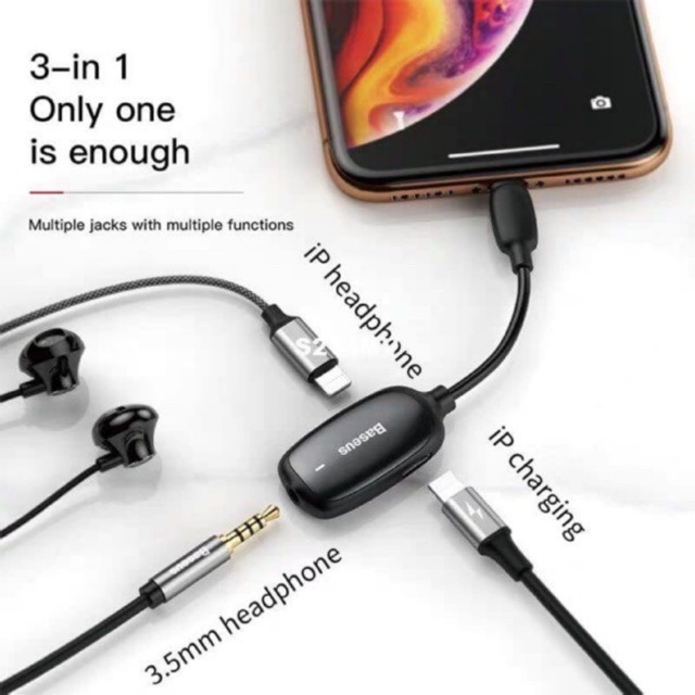 Jack chia 3 cổng ( 2 cổng lightning + 1 cổng 3.5 ) chính hãng Baseus