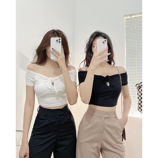 HEBEY CROPTOP▪Áo croptop bẹt vai nơ ngực