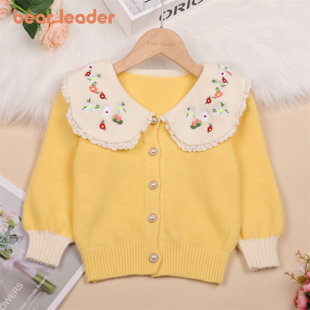 Áo khoác cardigan BEAR LEADER dệt kim tay dài thêu hoa thời trang thu đông phong cách Hàn Quốc cho bé gái 2 - 6 tuổi