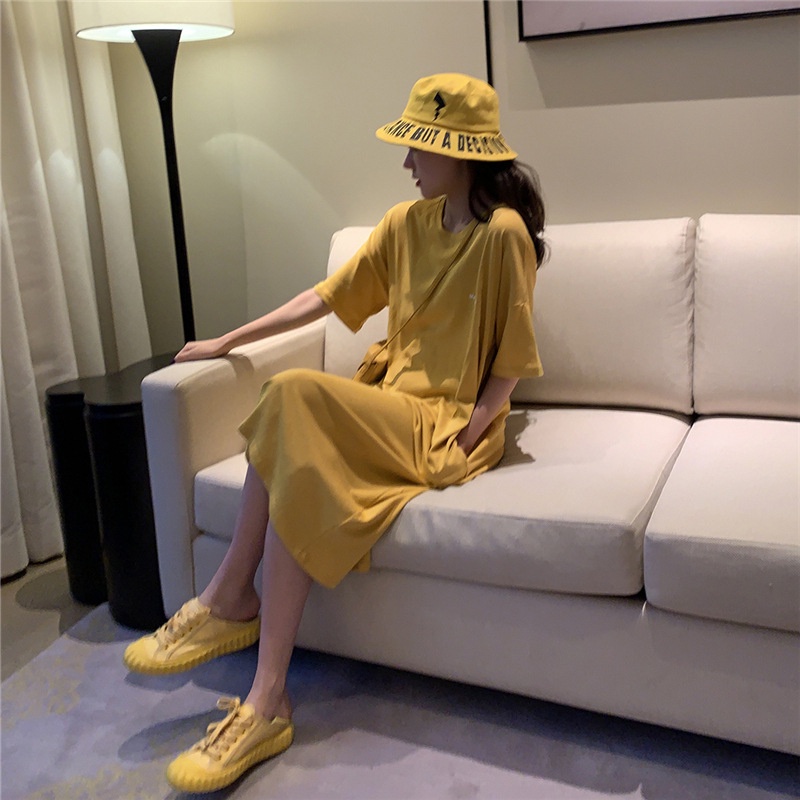 IELGY Đầm Thun Dài Mỏng Một Mảnh Dáng Rộng Phong Cách Hepburn Pháp Hàn Quốc