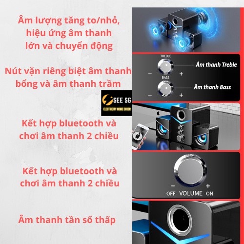 Loa bluetooth loa máy tính D221 âm thanh Super Bass trầm ấm Treble cực đã, có đèn Led nổi jack cắm 3.5mm cho pc,laptop