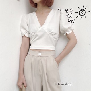 Áo croptop cổ V thắt nơ eo