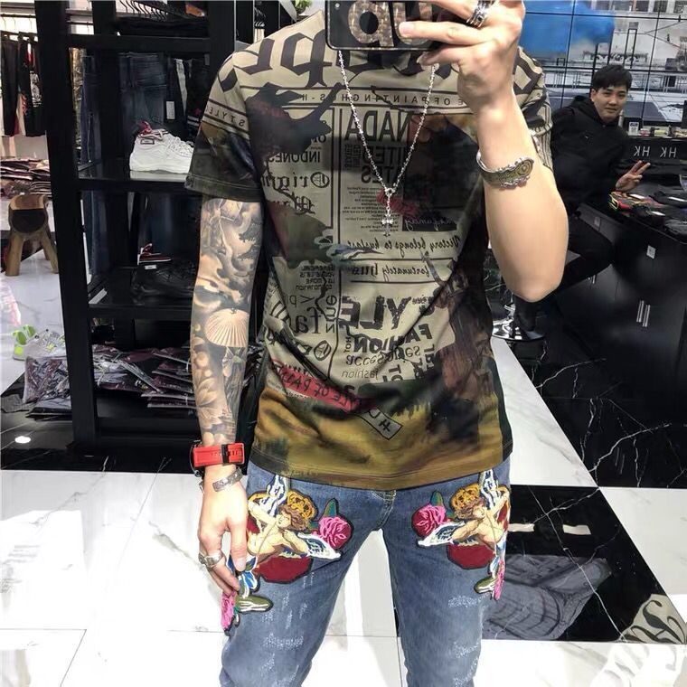 Áo thun tay ngắn lửng dáng ôm in hình thời trang mùa hè châu Âu thịnh hành cho nam