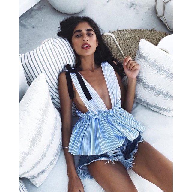Áo Sọc Peplum Nơ Vai Nhún Eo FOREVER 21 Cổ V Hàng Xuất Dư Xịn Cao Cấp Full Tag Ver03