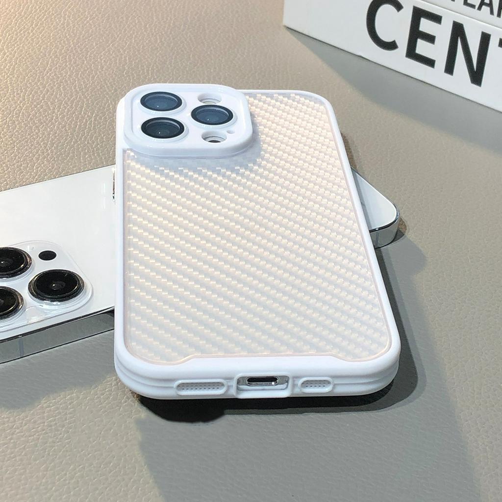 Ốp Điện Thoại Cứng Họa Tiết Sợi Carbon Màu Trắng Kèm Phim Dán Ống Kính Máy Ảnh Cho compatible for iPhone 11 12 13 14 pro max