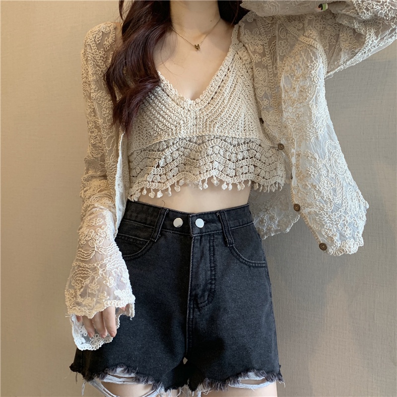 Set áo khoác IELGY dài tay ren mỏng và áo hai dây thời trang cho nữ