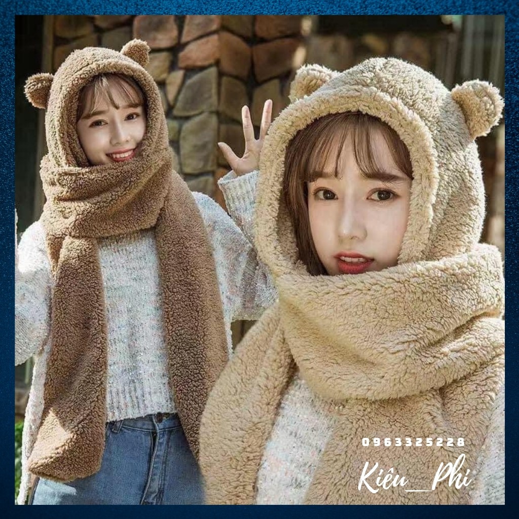 Mũ len lông cừu, mũ gấu chụp đầu - mũ lông cừu kèm khăn, găng tay siêu ấp áp cho mùa đông