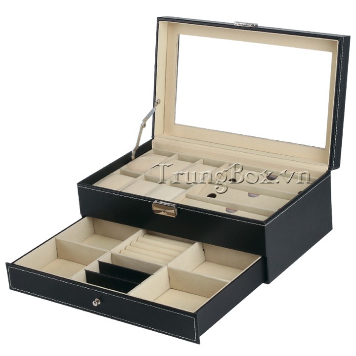 Hộp Đựng Đồng Hồ Trang Sức và Kính Mát Vỏ Da 2 Tầng - Mã 619