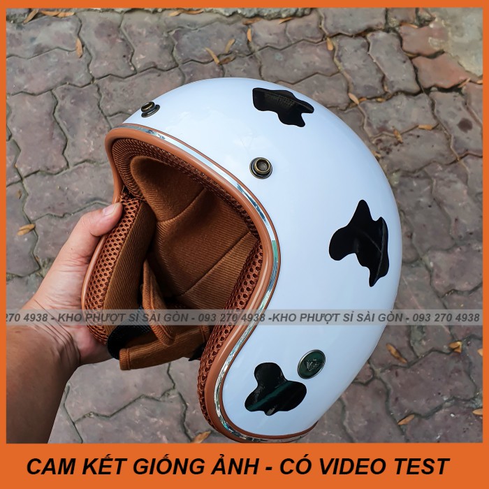 GIỐNG ẢNH - CUTE - Nón bảo hiểm 3/4 trắng lót nâu Classic Bò sữa đen đi chơi - Mũ 3/4 bò sữa trắng lót nâu độc đáo
