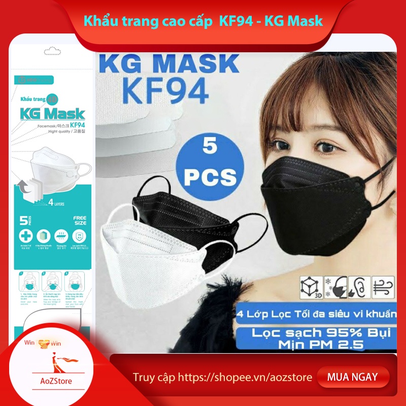 Khẩu trang KF94 3D tiêu chuẩn hàn quốc 4 lớp chính hãng kháng khuẩn gói 5 cái