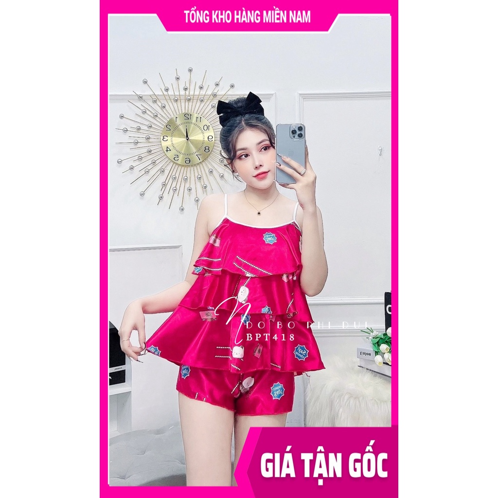 Đồ bộ ngủ nữ sexy chất phi bóng mềm mát in hình gấu hoạt hình dễ thương HPT418