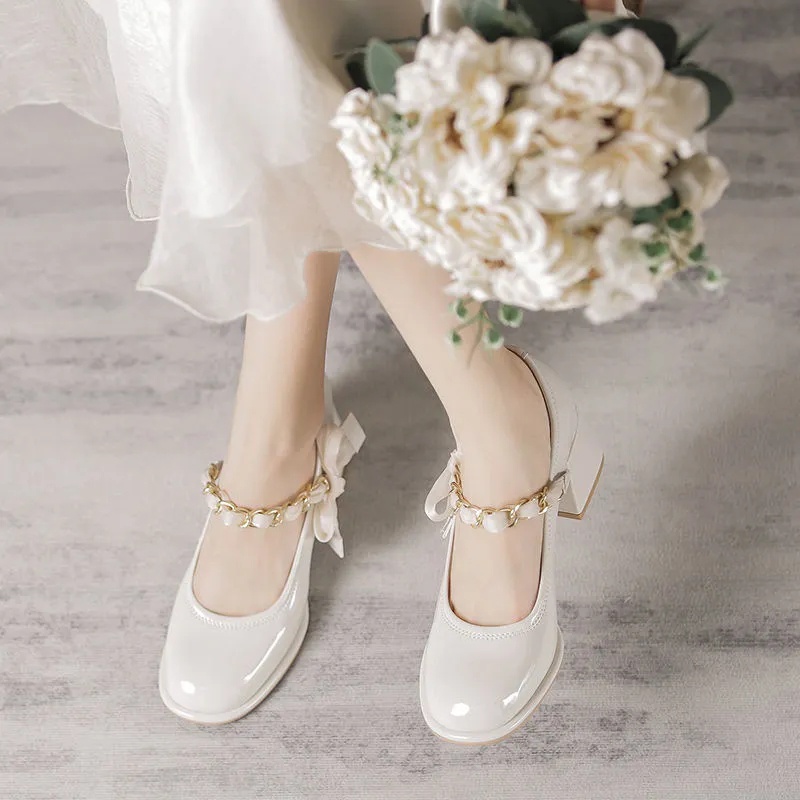 Giày Cao Gót Da Mũi Vuông Đính Nơ Thời Trang Cho Nữ