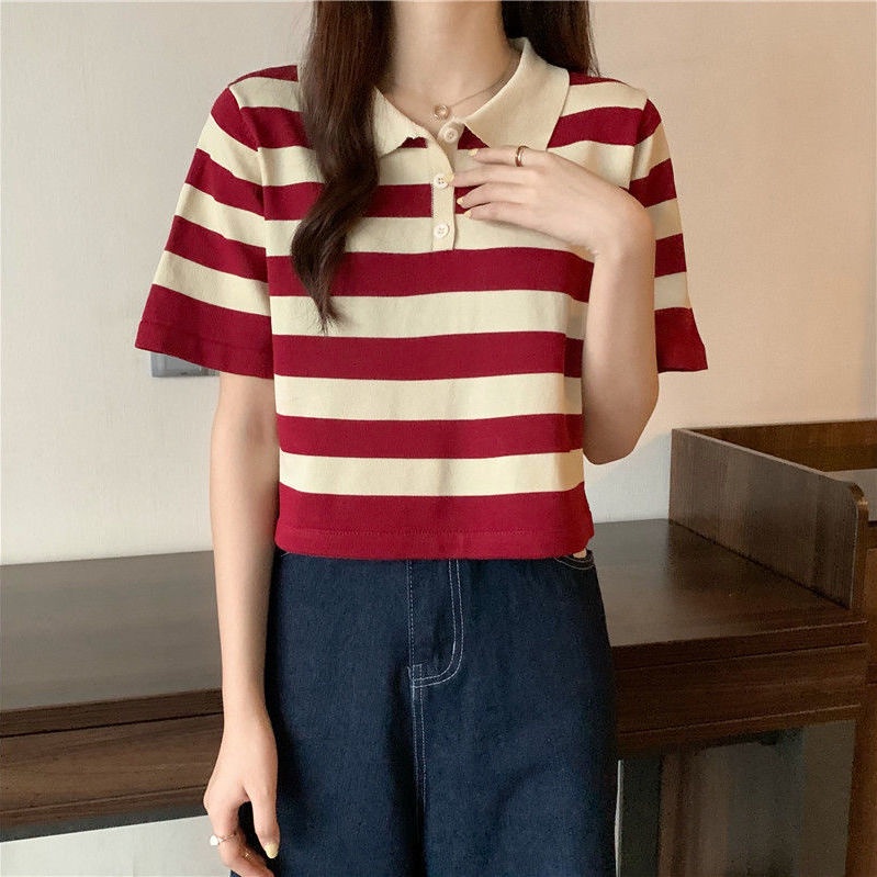 HPCL📣Áo Sweater ngắn tay họa tiết kẻ sọc phong cách Hàn quốc | BigBuy360 - bigbuy360.vn