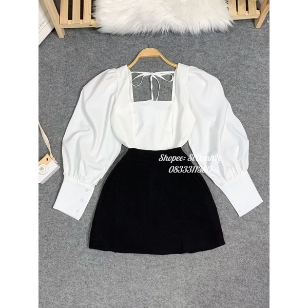 Áo cổ vuông tay phồng thắt nơ sau dáng Croptop A46
