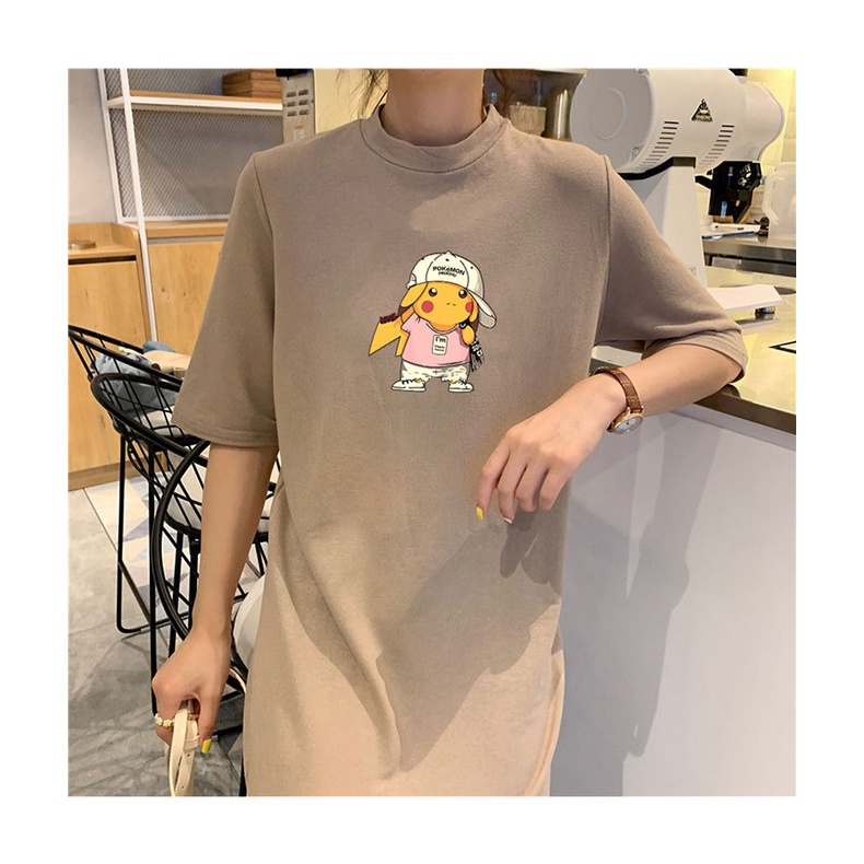 Đầm Suông Váy Suông Form Rộng In Hình Pikachuuuu Chất Chơi Dáng Dài Tay Ngắn Tà Xẻ Tinh Tế TTDS0337