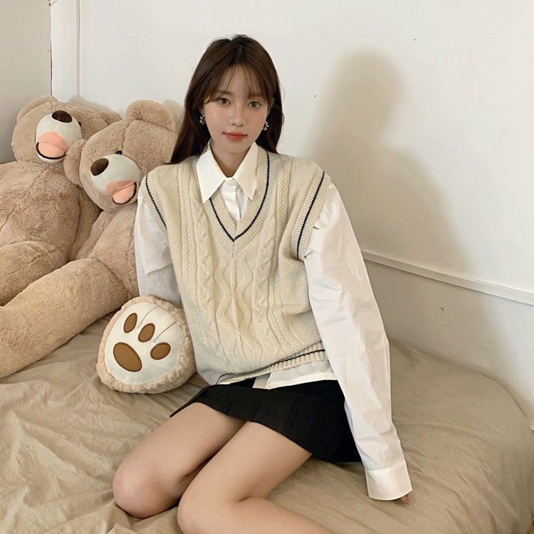 Bộ áo dệt kim không tay+chân váy lưng cao xếp ly xinh xắn theo phong cách vintage