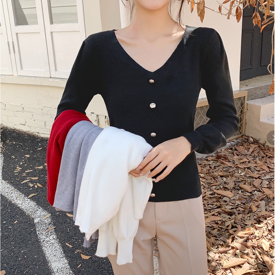 【ZHELIHANGFEI】Áo Dệt Kim Tay Dài Cổ Chữ V Dáng Ôm Dễ Phối Đồ