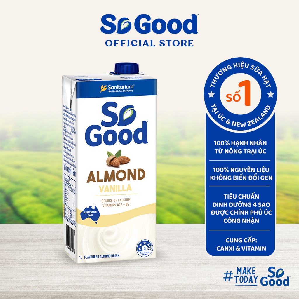 Thùng 12 hộp sữa hạnh nhân hương vani SO GOOD 1 Lít nhập khẩu từ Úc bổ sung canxi và vitamin, thuần chay