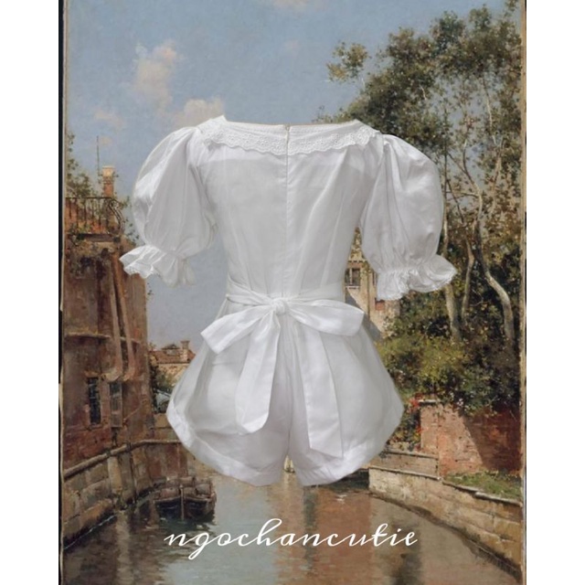 Jumpsuit trắng (đã có lớp lót)  linen thêu hoa cổ điển Dear ex tay phồng vintage Ngochancutie