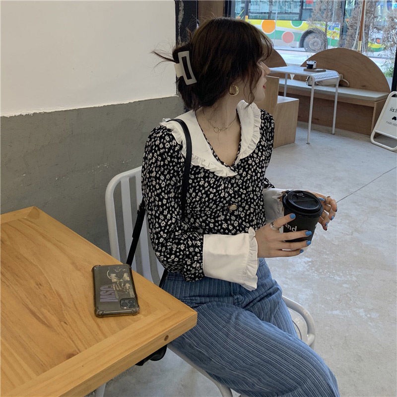 Áo sơ mi tay dài dáng rộng in họa tiết hoa phong cách Hàn Quốc thời trang xuân thu mới dễ phối đồ