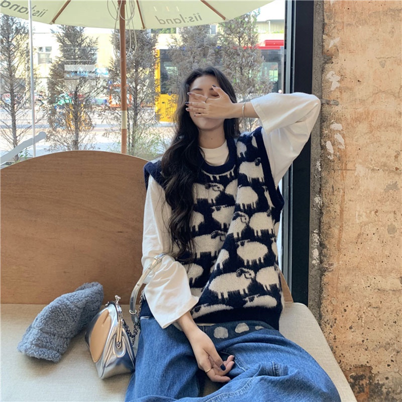 Áo Len Không Tay Họa Tiết Cừu Nhỏ Thời Trang Hàn Quốc Cho Nữ