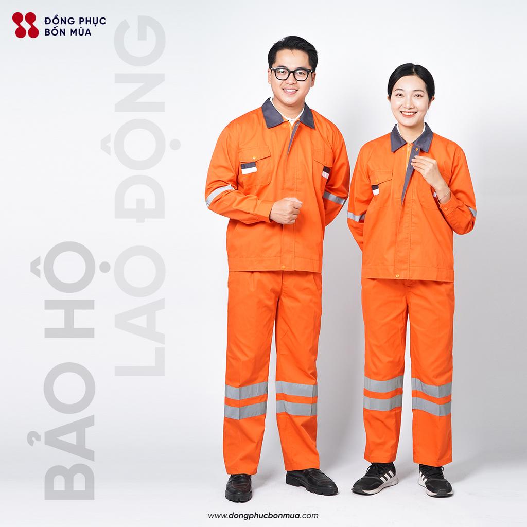 Quần áo bảo hộ lao động thương hiệu Dongphucbonmua chất vải kaki 3/1 phối màu dày dặn, bền bỉ, thoáng mát khi sử dụng