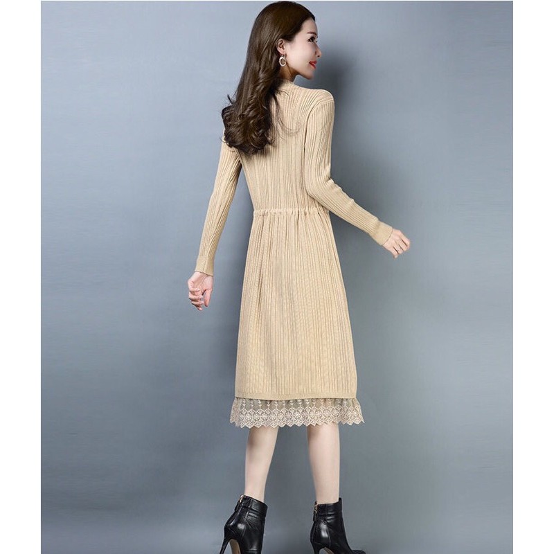 Đầm len nữ dáng dài phối ren sang chảnh hàng quảng châu da06