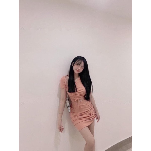 Set ôm body cổ lệch dây rút chéo