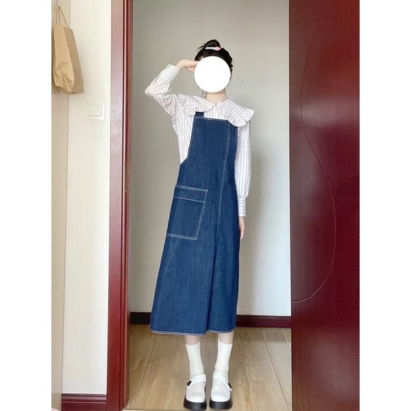 Váy yếm jean hai dây denim mặc 2 kiểu đa năng đeo chéo áo sơ mi cổ búp bê