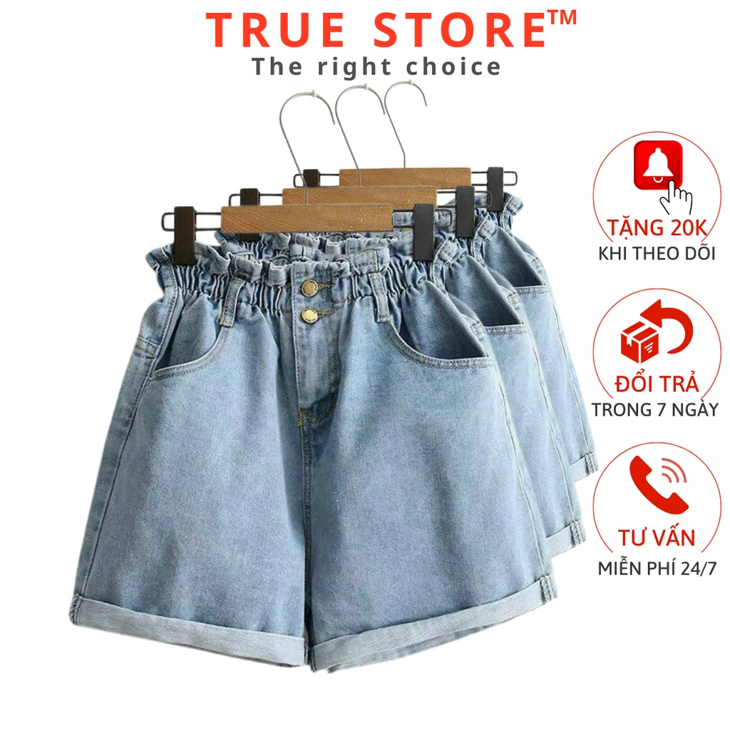 ❏Quần short jean nữ lưng thun trơn vải bò cao cấp không giãn, đùi ống rộng mẫu mới về, True Store, QJS003
