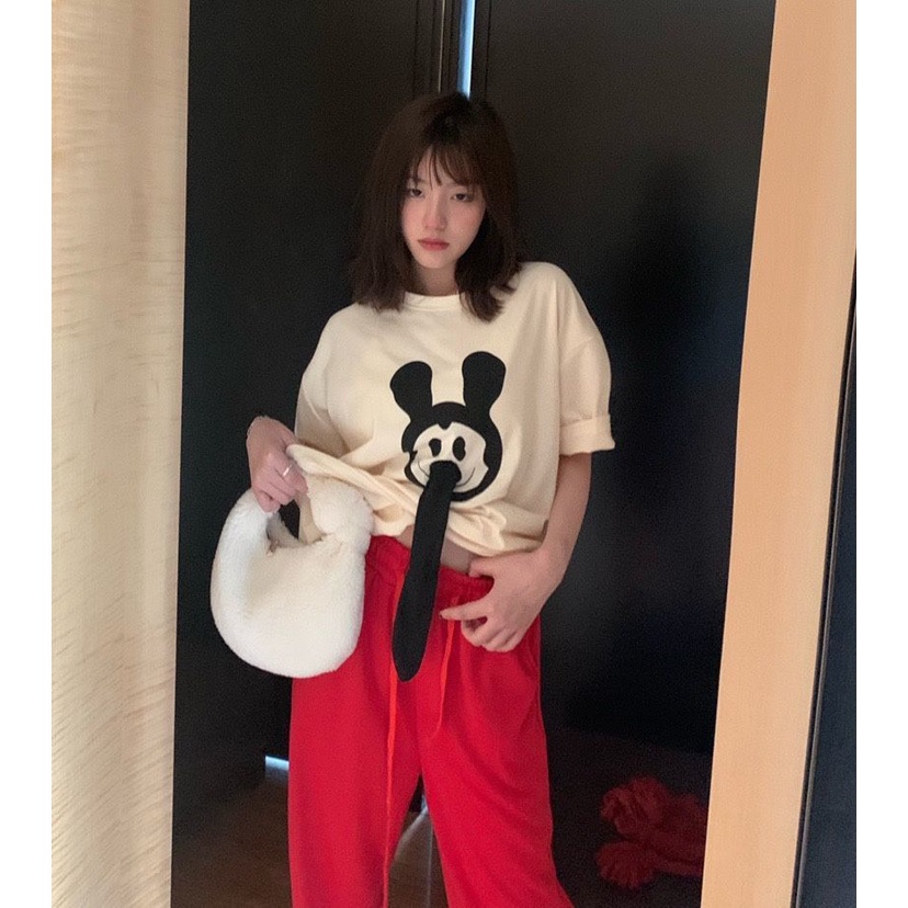 Áo Thun Cổ Tròn Dáng Rộng In Hình Mickey Vui Nhộn Thời Trang Mùa Hè Hàn Quốc Cho Nữ Plus Size