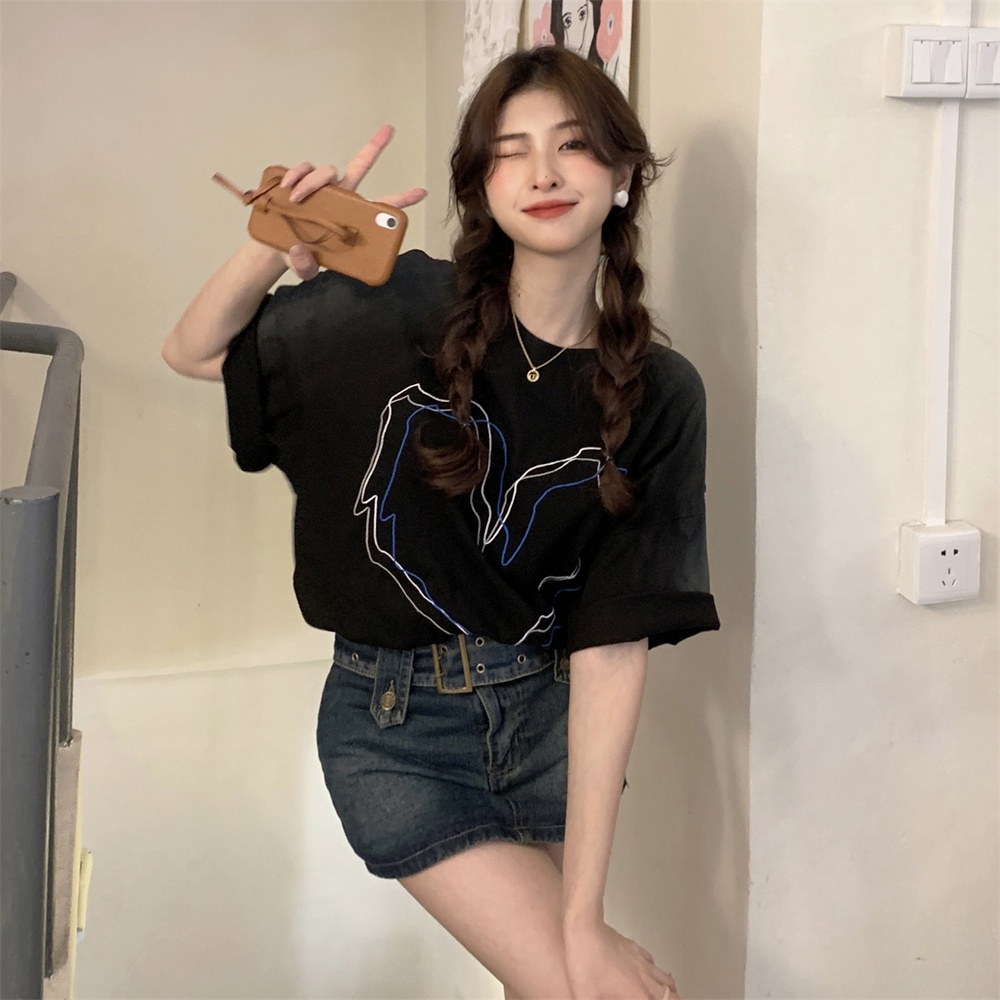 QKOOLE Áo thun  cotton ngắn tay in họa tiết cổ điển cá tính phong cách Hàn Quốc cho nữ