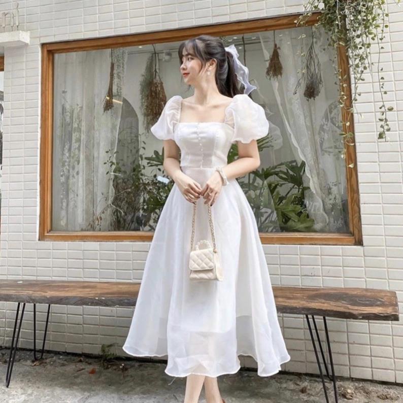 X2 Đầm váy trắng đi tiệc form dài tay bo nút ngọc cổ vuông dáng xòe công chúa tiểu thư dịu dàng (kèm hình thật) tasa