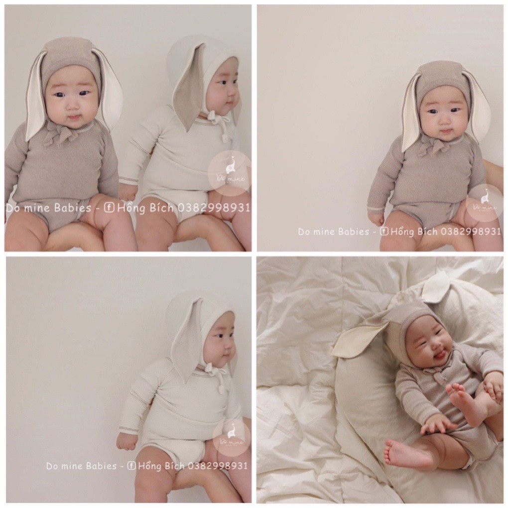 Set body suit body liền thân cho em bé gái bé trai 3 chi tiết mũ tai thỏ đội đầu quần thun giữ nhiệt ấm mùa đông