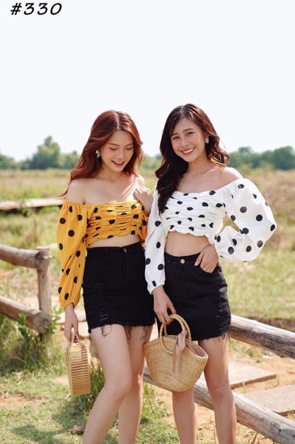 Áo crop bi nhún tay phồng 2 màu xb