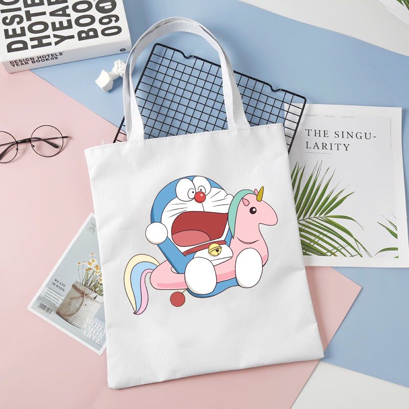 Túi tote vải trắng đeo vai DORAEMON CUTE MÈO MÁY THÔNG MINH phong cách in hình anime chibi dễ thương thời trang