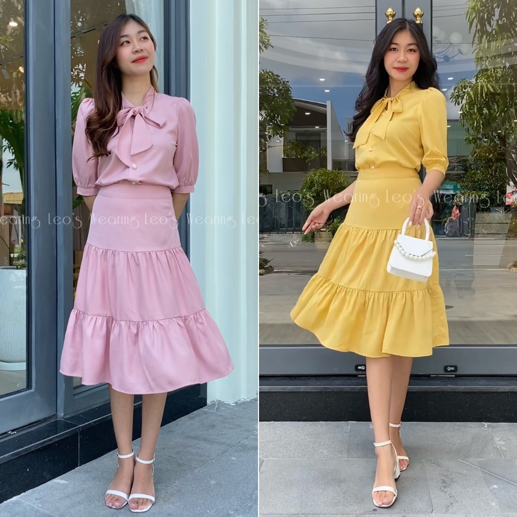 Set công sở nữ chân váy xòe tầng cạp cao mix áo sơ mi tay lửng thắt nơ cổ LEOSWEARING S38 Q52