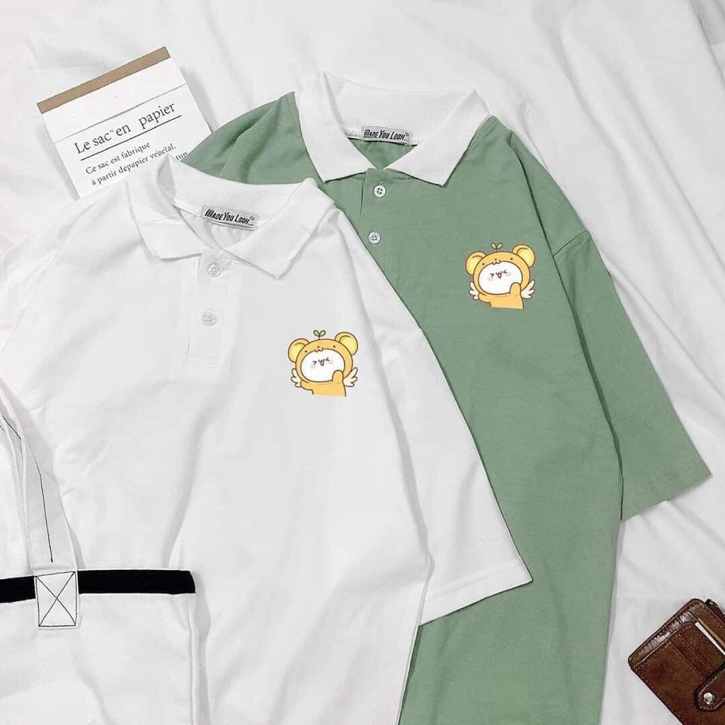 [EVACICI] Áo polo ngắn tay in hình gấu dễ thương 2 màu xanh/ trắng nguyễn hoa, áo phông ngắn tay hình gấu