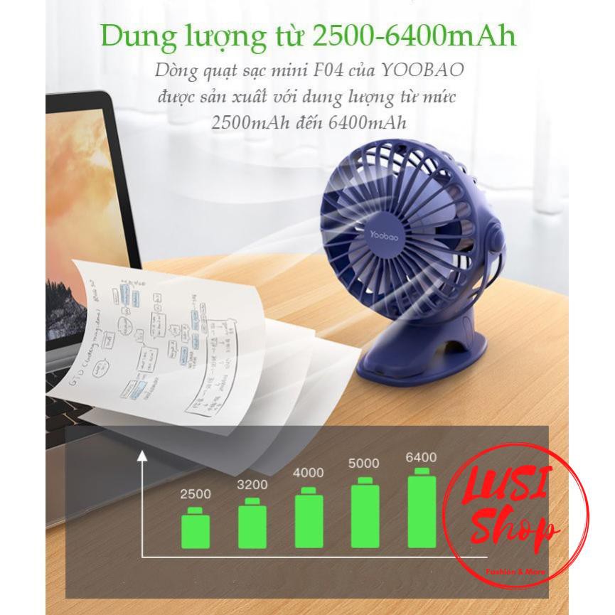 [Sẵn] Quạt Tích ĐiệnFREESHIPYoobao 6400mAh, Kẹp Sạc Mini Cầm Tay 4 Cấp Độ Gió 360 Độ Siêu Bền, Siêu Tiện Lusi Shop