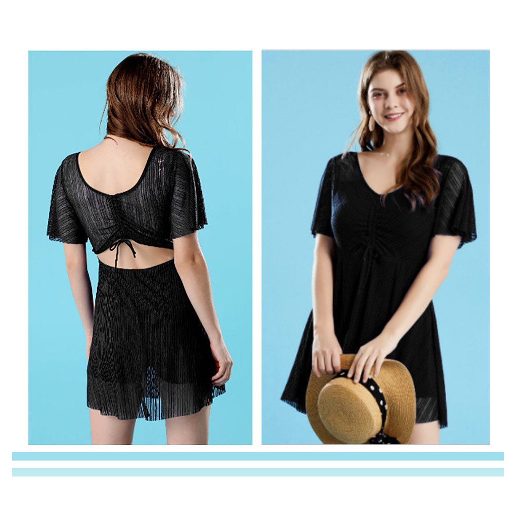 Áo tắm liền váy nữ cổ chữ V chun ngực tay loe giấu bụng MH2021+2027 | BigBuy360 - bigbuy360.vn