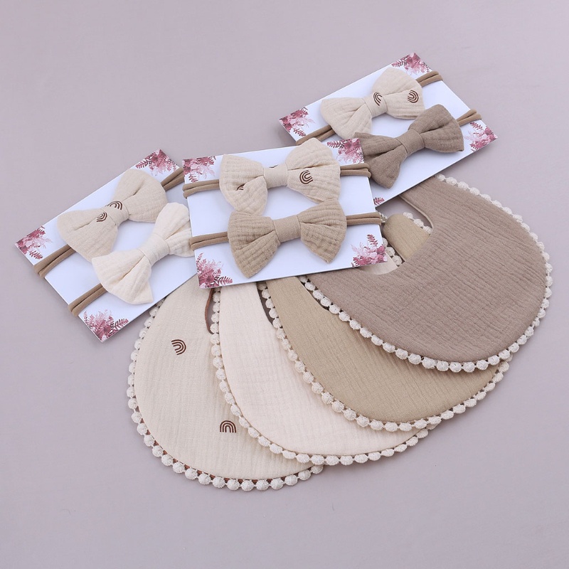 Yếm Ăn Cotton Kèm 2 Băng Đô Đính Nơ Tùy Chỉnh Xinh Xắn Cho Bé Gái