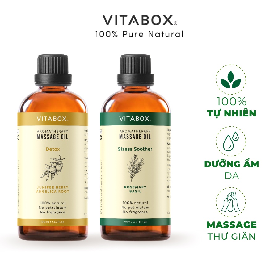 Dầu massage body VITABOX aromatherapy massage oil mát xa thư giãn, thải độc, ngủ ngon từ dầu nền và tinh dầu thiên nhiên