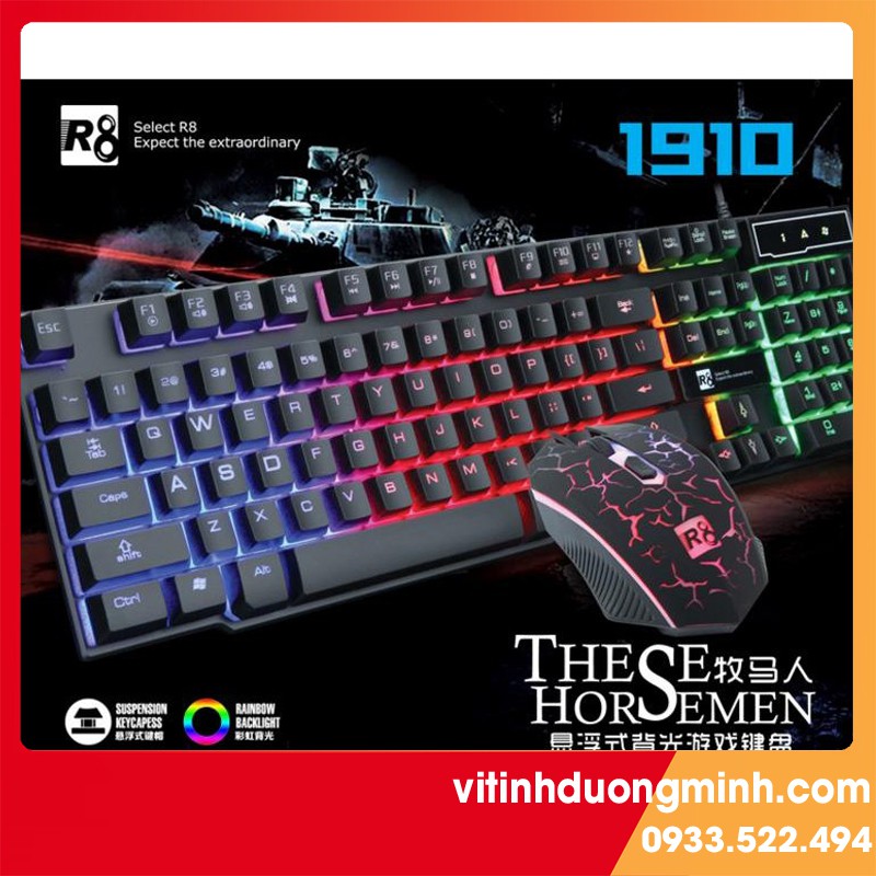 Full box bộ phím+chuột R8 1910 chuyên game giả cơ led 7 màu