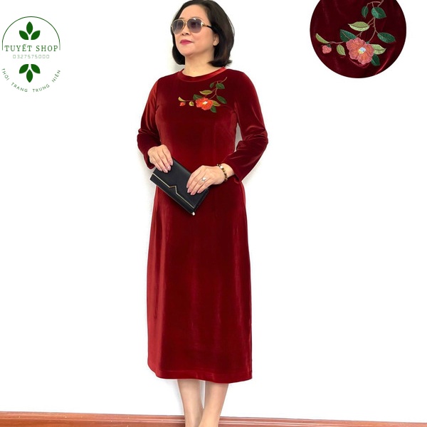 Váy Trung Niên Nhung Dài Tay Quá Gối Cho Các Mẹ