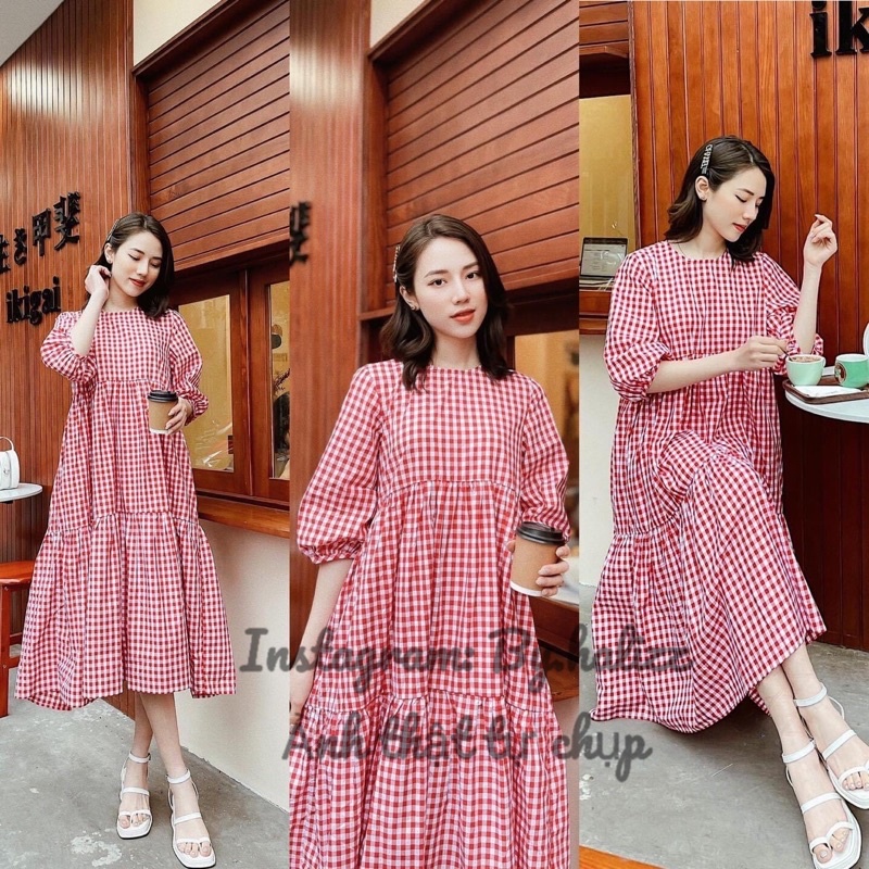 Váy Kẻ Caro Đỏ Dáng Dài Suông BabyDoll ❌ Ảnh Thật Chính Chủ❌