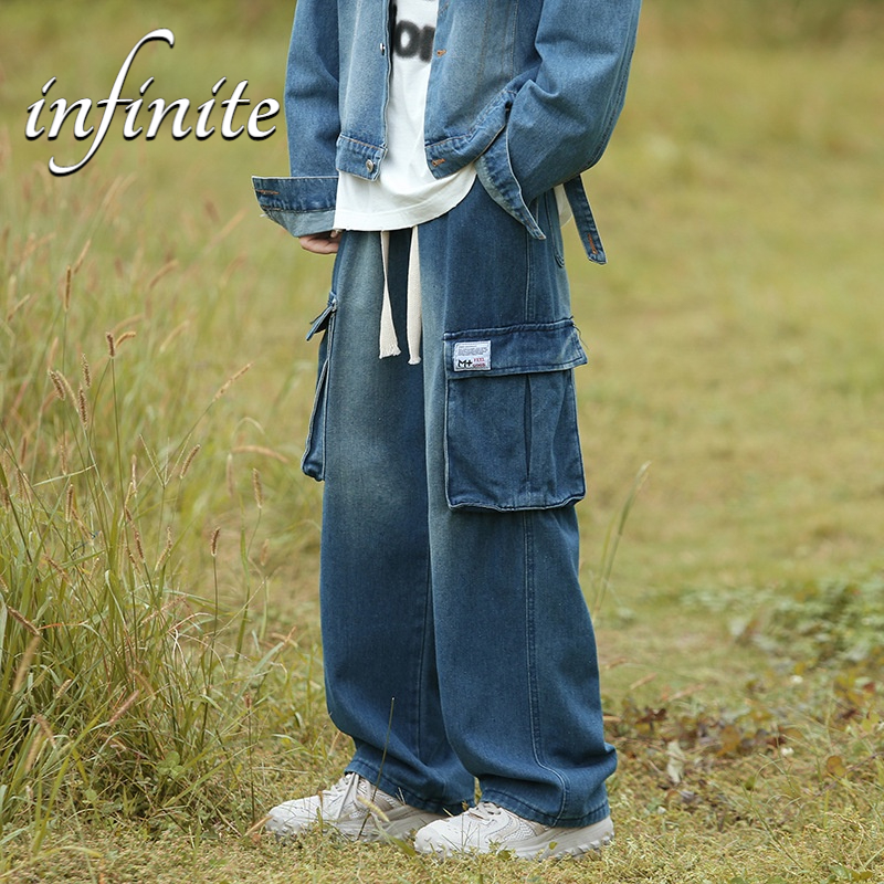 Quần Jean Ống Rộng Nhiều Túi Phong Cách retro Hong Kong Cho Nam